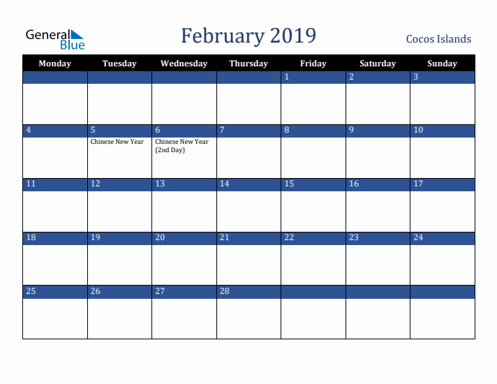 February 2019 Cocos Islands Calendar (Monday Start)