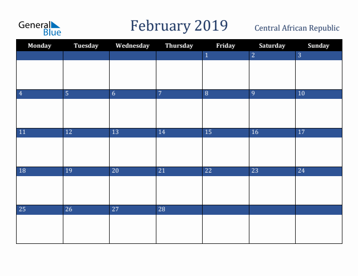 February 2019 Central African Republic Calendar (Monday Start)