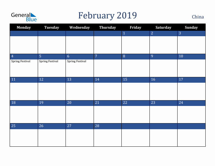 February 2019 China Calendar (Monday Start)