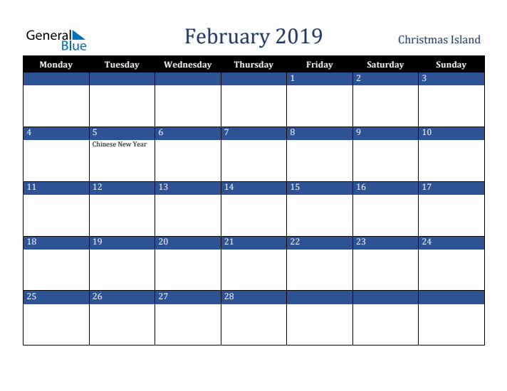 February 2019 Christmas Island Calendar (Monday Start)