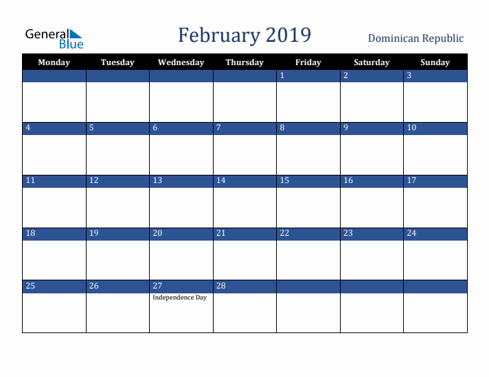 February 2019 Dominican Republic Calendar (Monday Start)