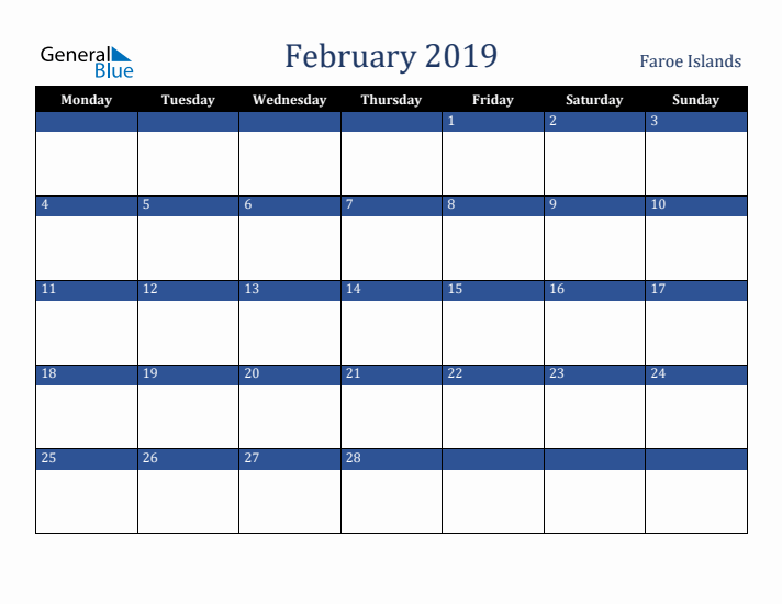 February 2019 Faroe Islands Calendar (Monday Start)