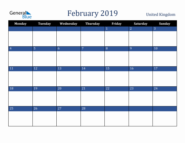 February 2019 United Kingdom Calendar (Monday Start)