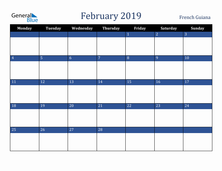 February 2019 French Guiana Calendar (Monday Start)