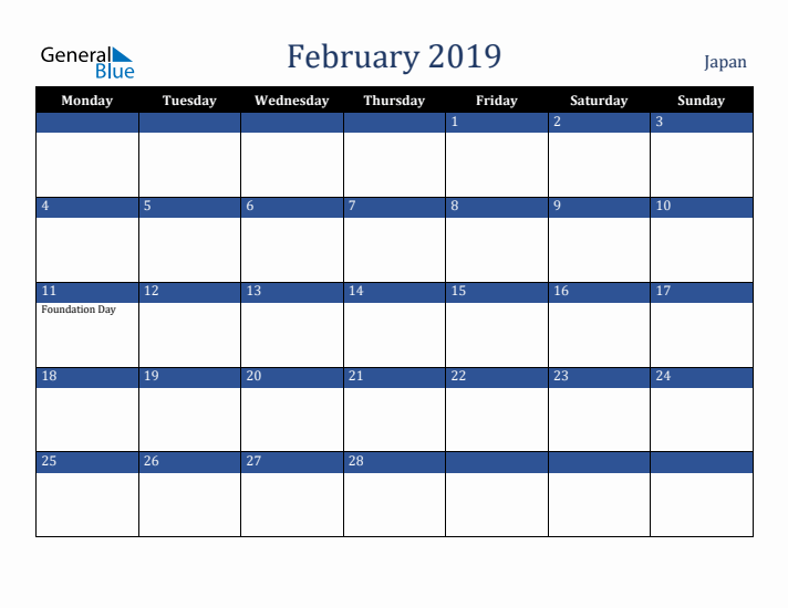 February 2019 Japan Calendar (Monday Start)