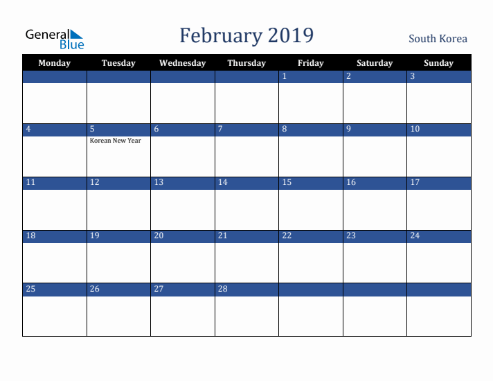 February 2019 South Korea Calendar (Monday Start)