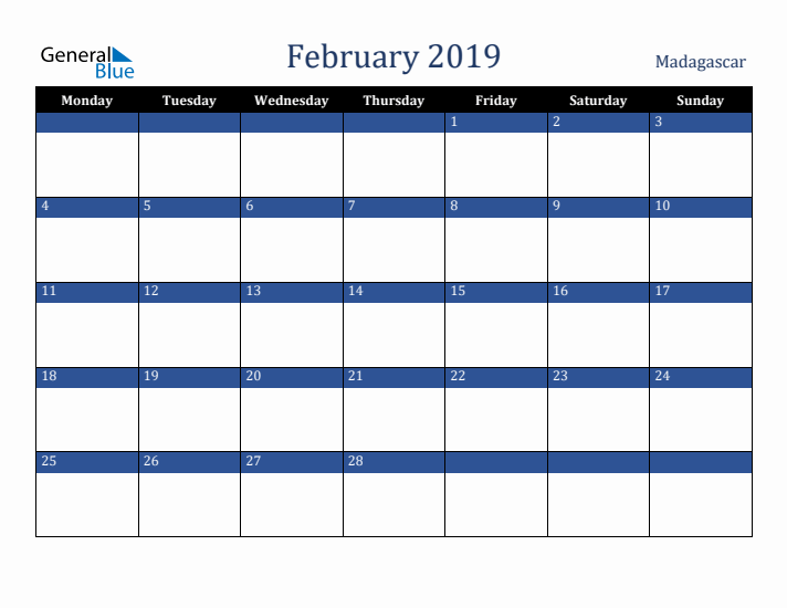 February 2019 Madagascar Calendar (Monday Start)