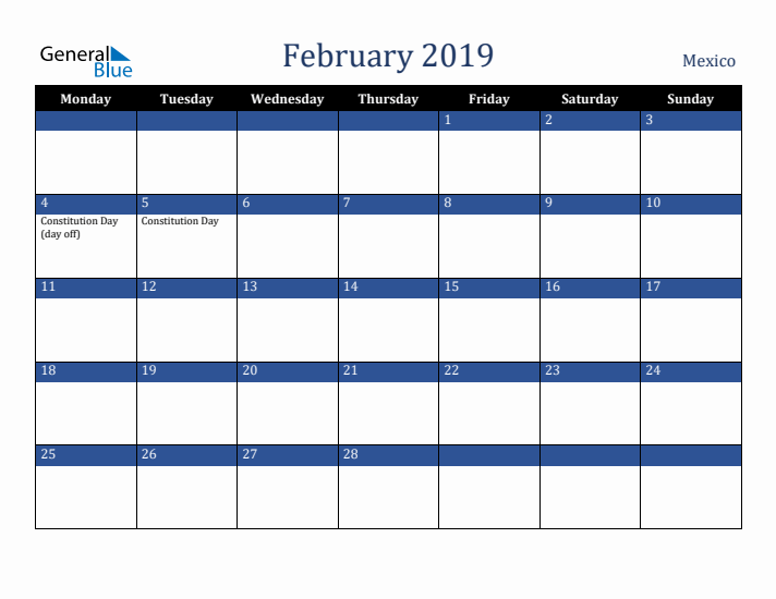 February 2019 Mexico Calendar (Monday Start)