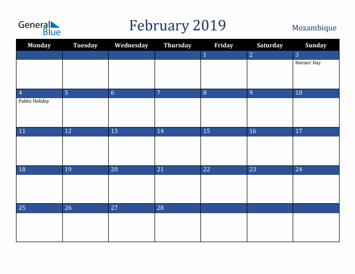 February 2019 Mozambique Calendar (Monday Start)