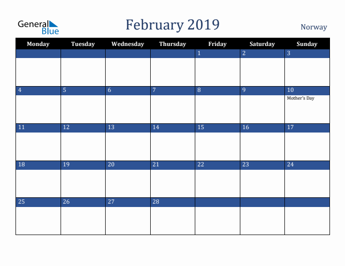 February 2019 Norway Calendar (Monday Start)