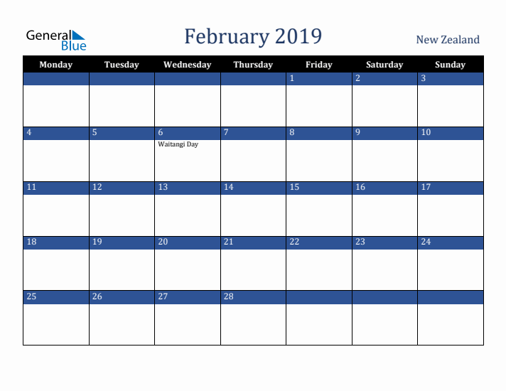February 2019 New Zealand Calendar (Monday Start)