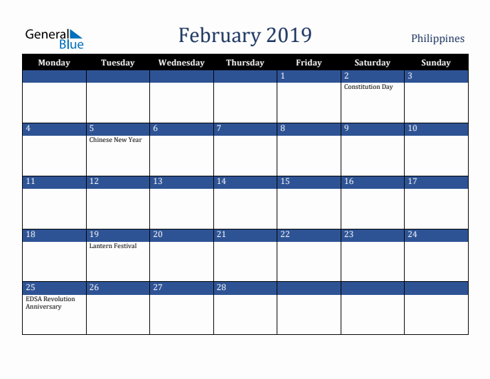 February 2019 Philippines Calendar (Monday Start)
