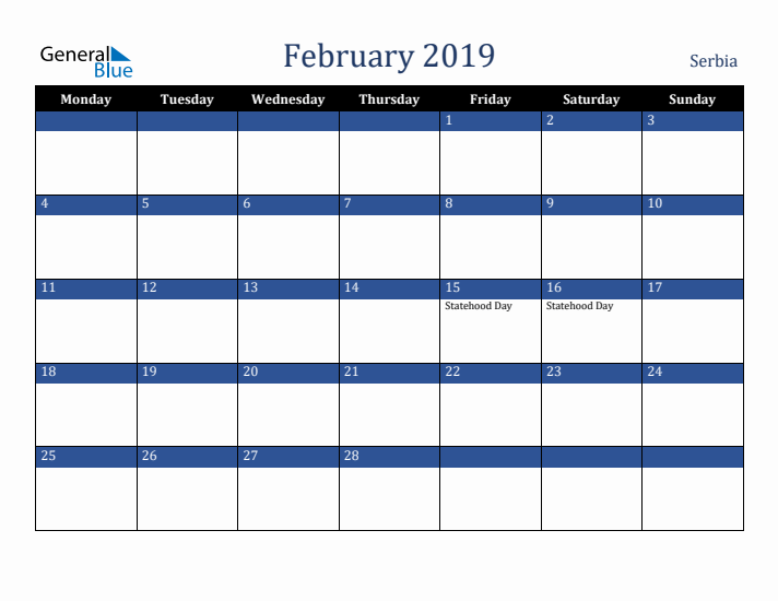 February 2019 Serbia Calendar (Monday Start)