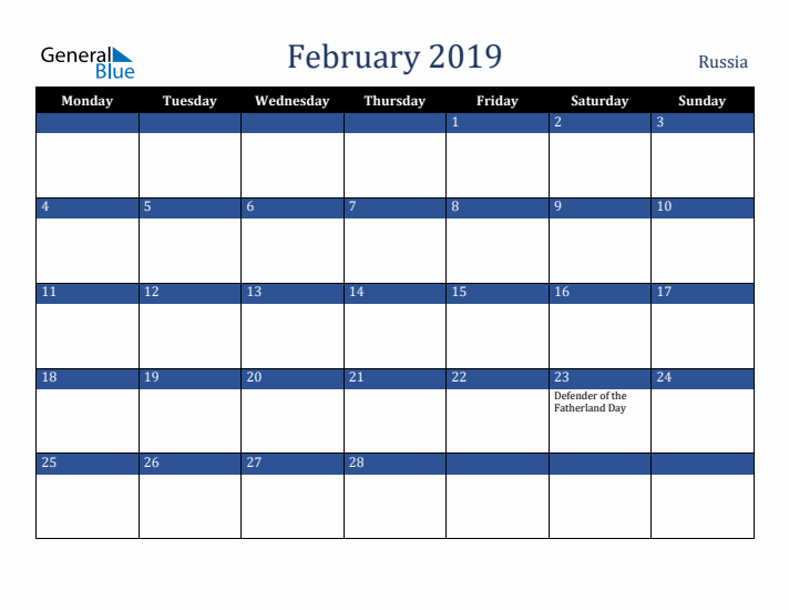 February 2019 Russia Calendar (Monday Start)