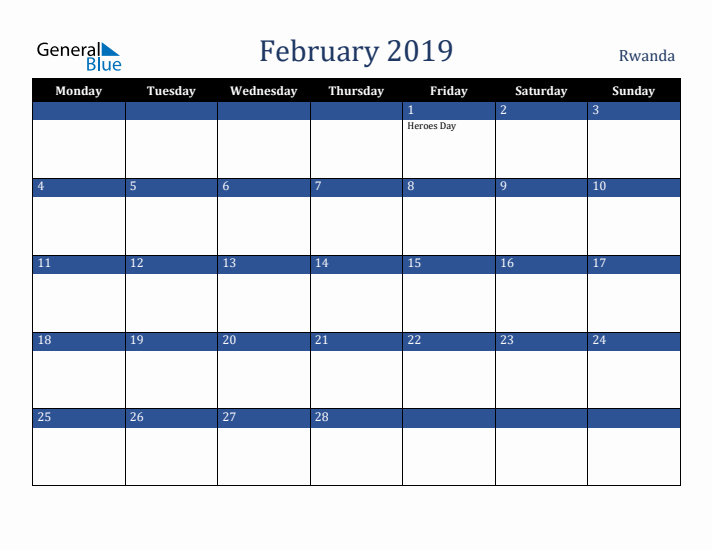 February 2019 Rwanda Calendar (Monday Start)