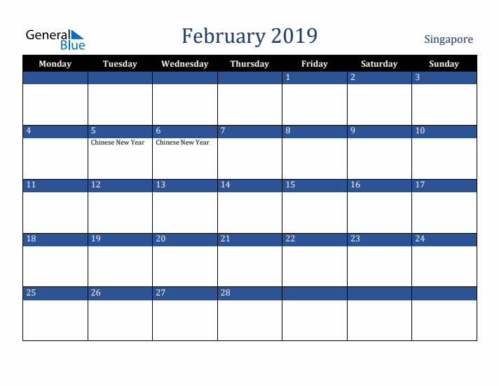 February 2019 Singapore Calendar (Monday Start)