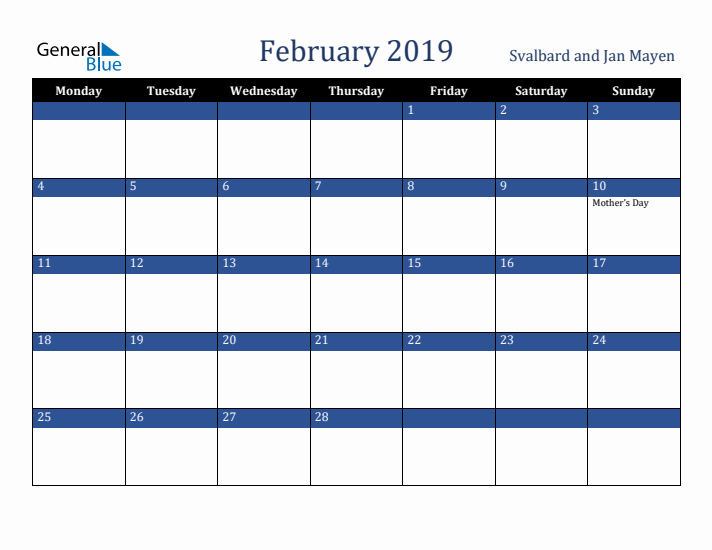 February 2019 Svalbard and Jan Mayen Calendar (Monday Start)