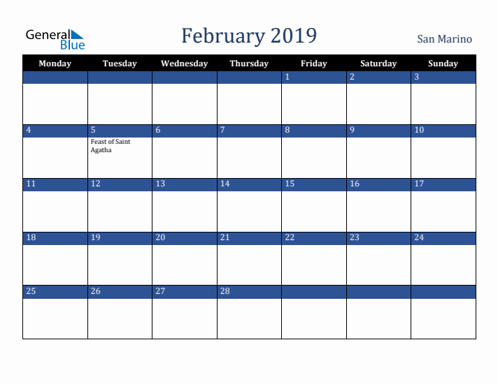 February 2019 San Marino Calendar (Monday Start)