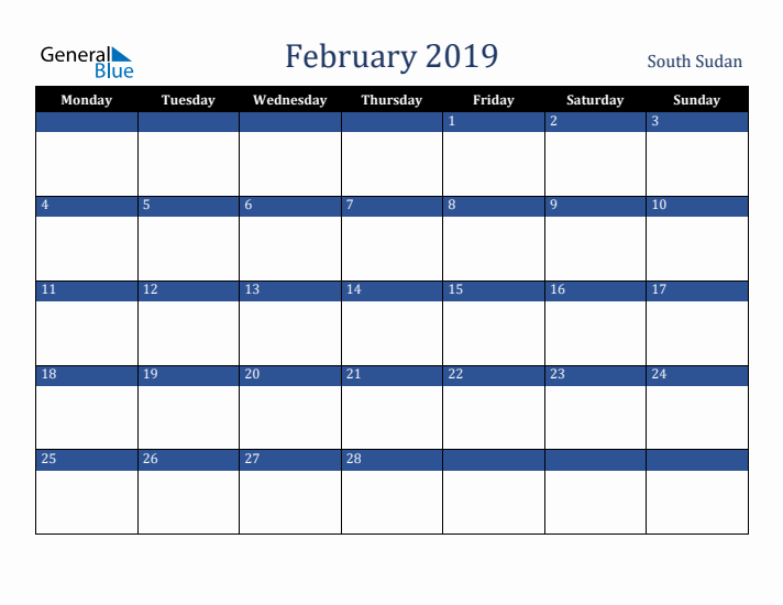 February 2019 South Sudan Calendar (Monday Start)