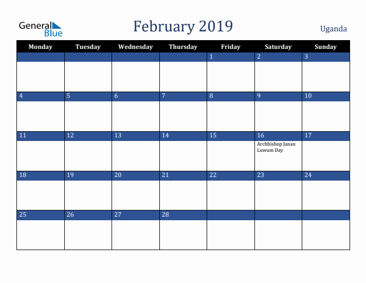 February 2019 Uganda Calendar (Monday Start)