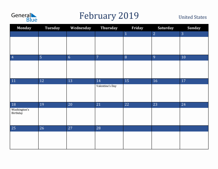 February 2019 United States Calendar (Monday Start)