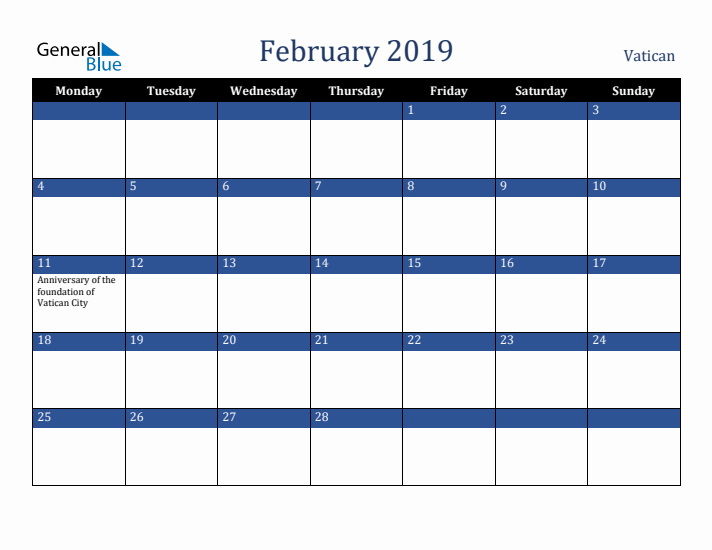 February 2019 Vatican Calendar (Monday Start)