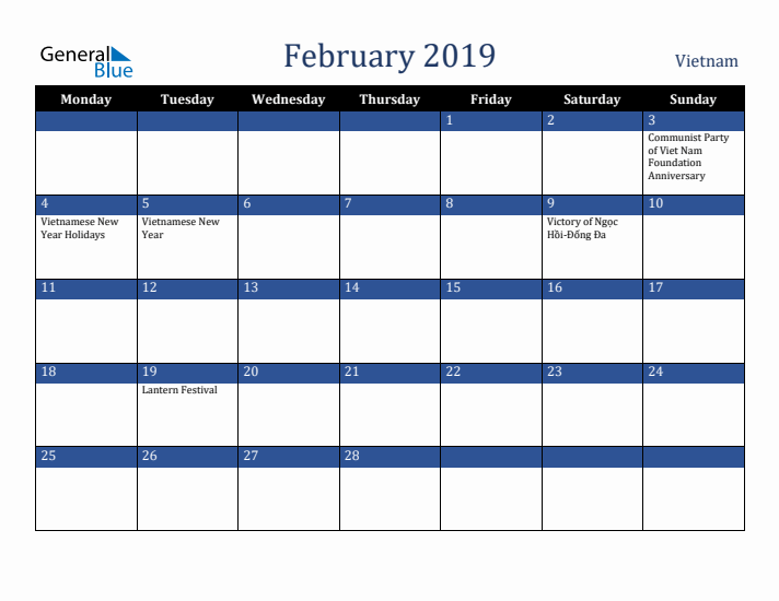 February 2019 Vietnam Calendar (Monday Start)
