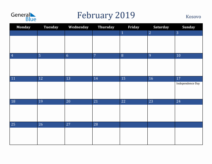 February 2019 Kosovo Calendar (Monday Start)