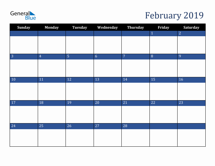 Sunday Start Calendar for February 2019