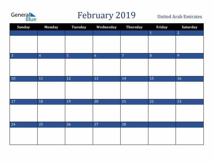 February 2019 United Arab Emirates Calendar (Sunday Start)