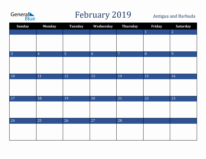 February 2019 Antigua and Barbuda Calendar (Sunday Start)