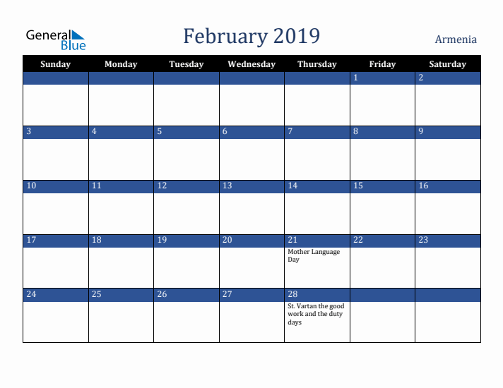 February 2019 Armenia Calendar (Sunday Start)