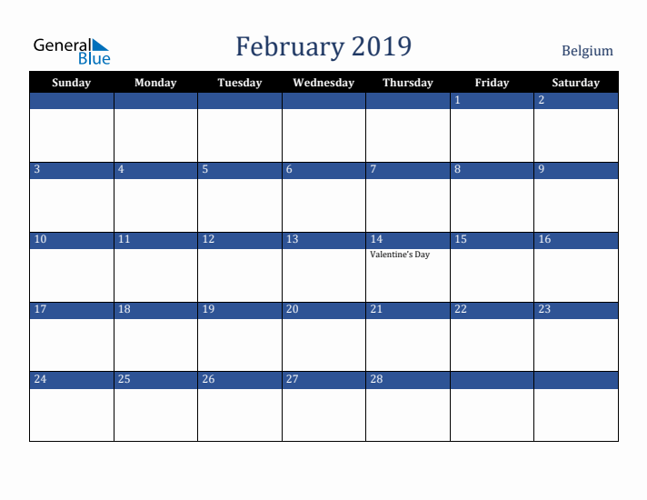 February 2019 Belgium Calendar (Sunday Start)