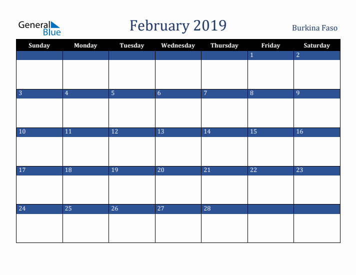 February 2019 Burkina Faso Calendar (Sunday Start)