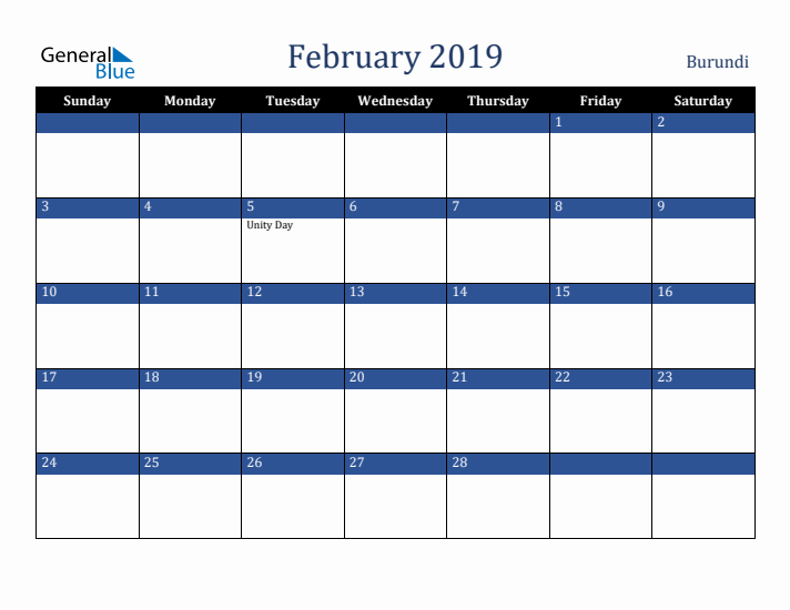 February 2019 Burundi Calendar (Sunday Start)