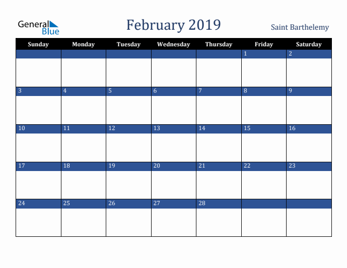 February 2019 Saint Barthelemy Calendar (Sunday Start)