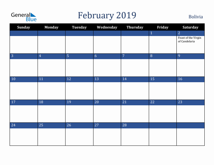 February 2019 Bolivia Calendar (Sunday Start)