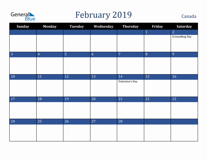 February 2019 Canada Calendar (Sunday Start)