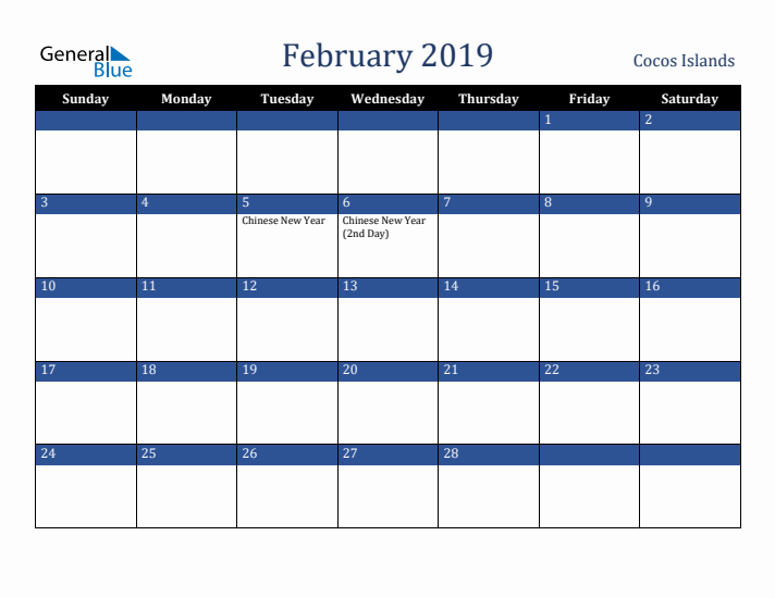 February 2019 Cocos Islands Calendar (Sunday Start)