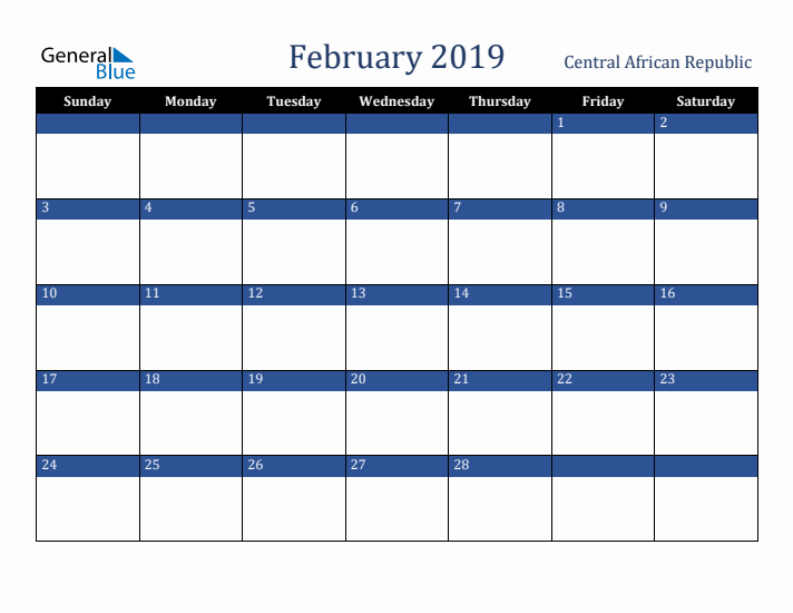 February 2019 Central African Republic Calendar (Sunday Start)