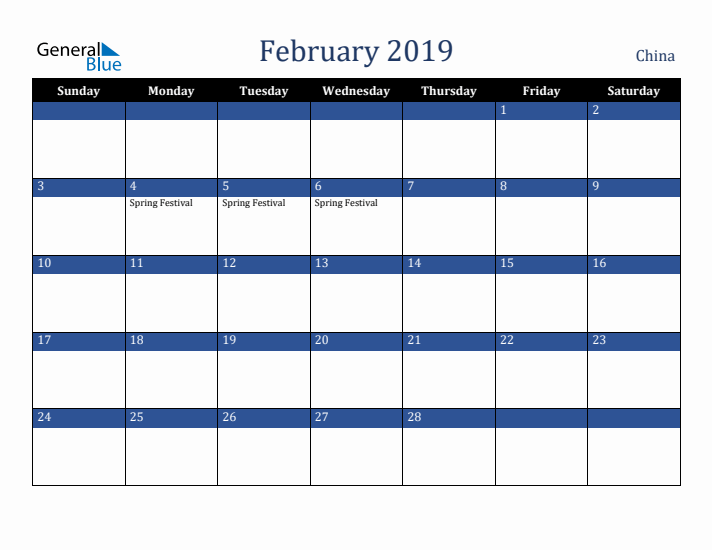 February 2019 China Calendar (Sunday Start)