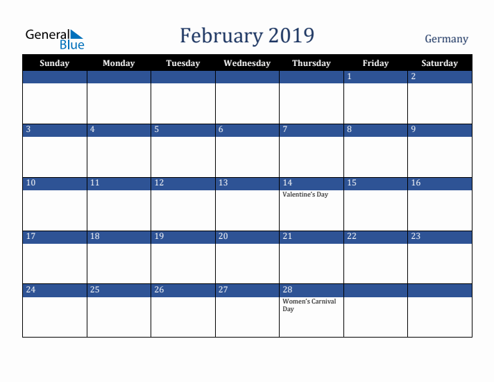 February 2019 Germany Calendar (Sunday Start)