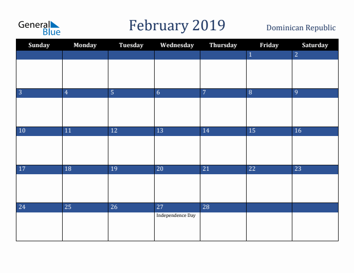 February 2019 Dominican Republic Calendar (Sunday Start)