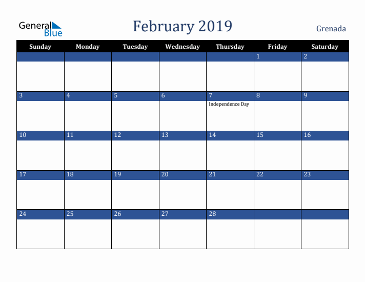 February 2019 Grenada Calendar (Sunday Start)
