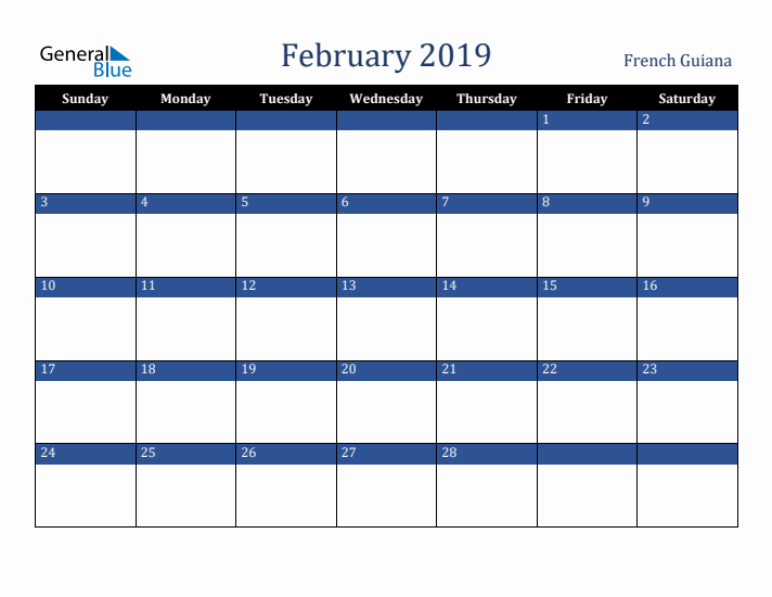 February 2019 French Guiana Calendar (Sunday Start)