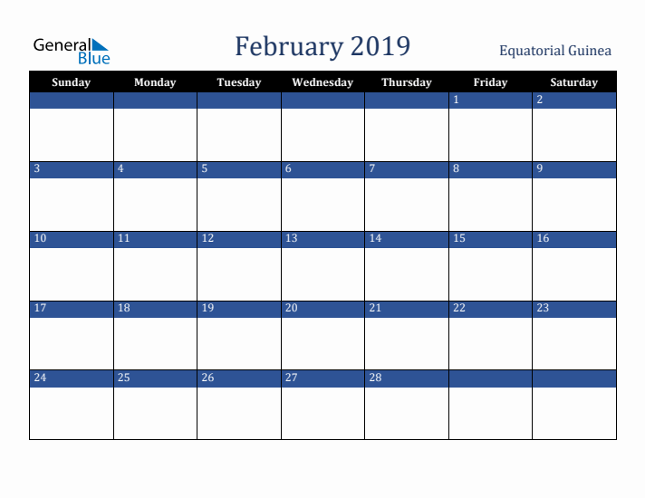 February 2019 Equatorial Guinea Calendar (Sunday Start)