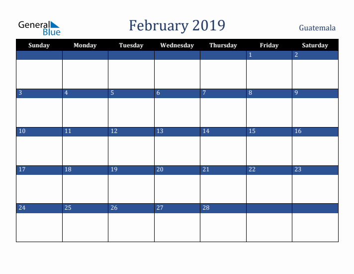 February 2019 Guatemala Calendar (Sunday Start)