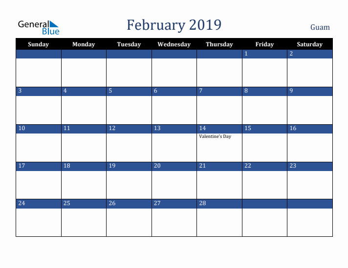 February 2019 Guam Calendar (Sunday Start)