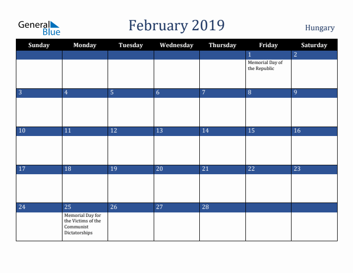 February 2019 Hungary Calendar (Sunday Start)
