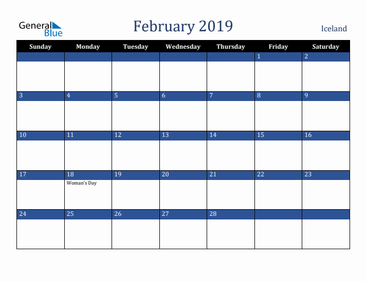 February 2019 Iceland Calendar (Sunday Start)